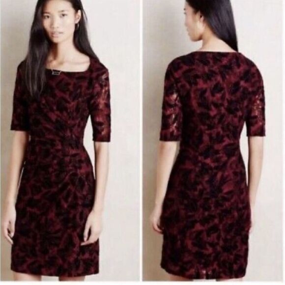 Anthropologie Maeve Elorn Lace Dress Black Burgundy Fitted Ruched Sz 6 - Picture 2 of 11